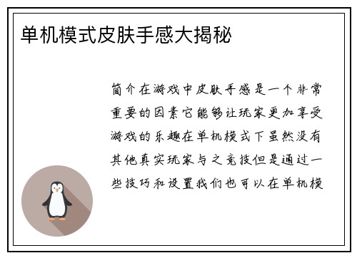 单机模式皮肤手感大揭秘