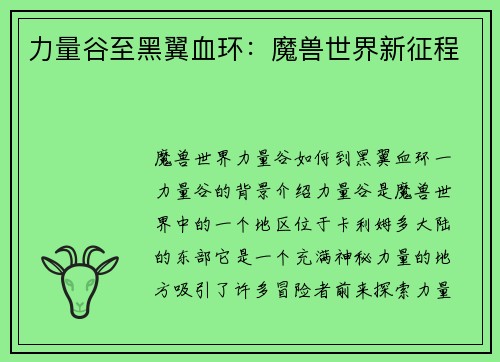 力量谷至黑翼血环：魔兽世界新征程