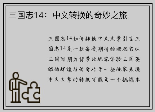 三国志14：中文转换的奇妙之旅
