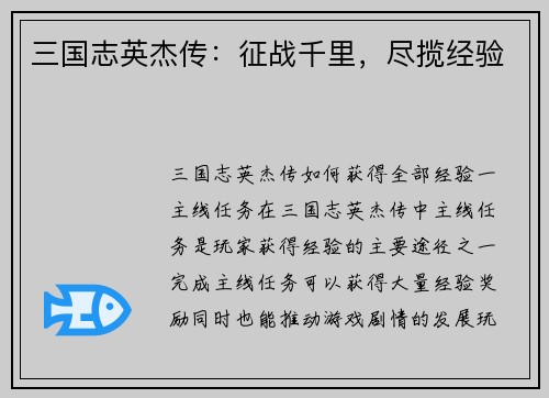 三国志英杰传：征战千里，尽揽经验